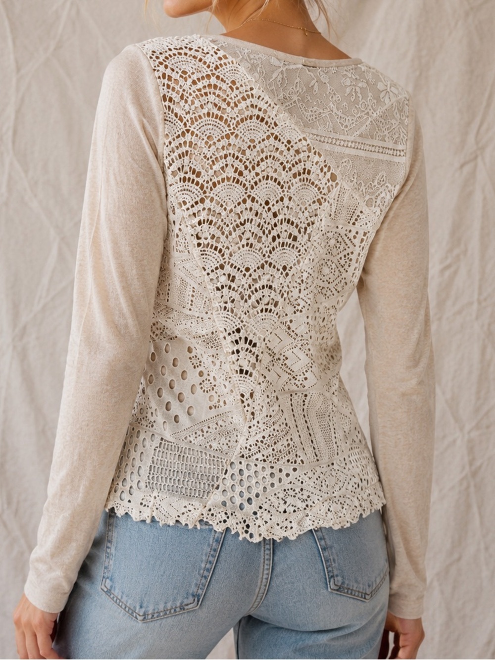 Vintage BKE Boutique Lace Patchwork Long Sleeve Top Small Boho